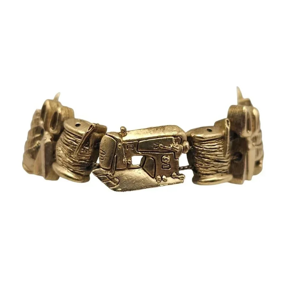 Seamstress Tailor Charm Link Bangle Bracelet Fold Over Clasp Gold Tone Vintage